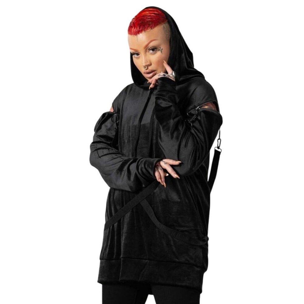 Killstar In A State Black Velvet Hooded Pullover Shoulder Zipper Cutouts Straps